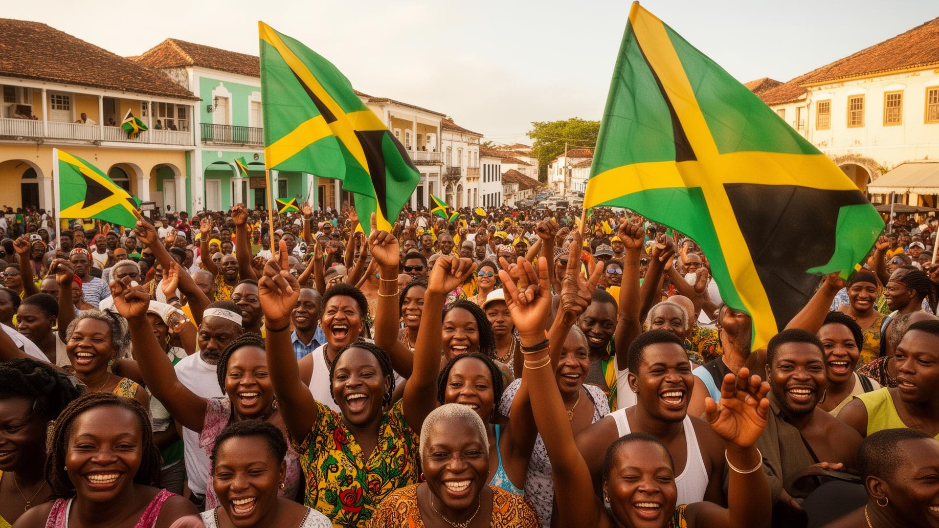 A Jamaican community gathered together outdoors at golden hour, embodying the campaign's spirit of collective hope.
